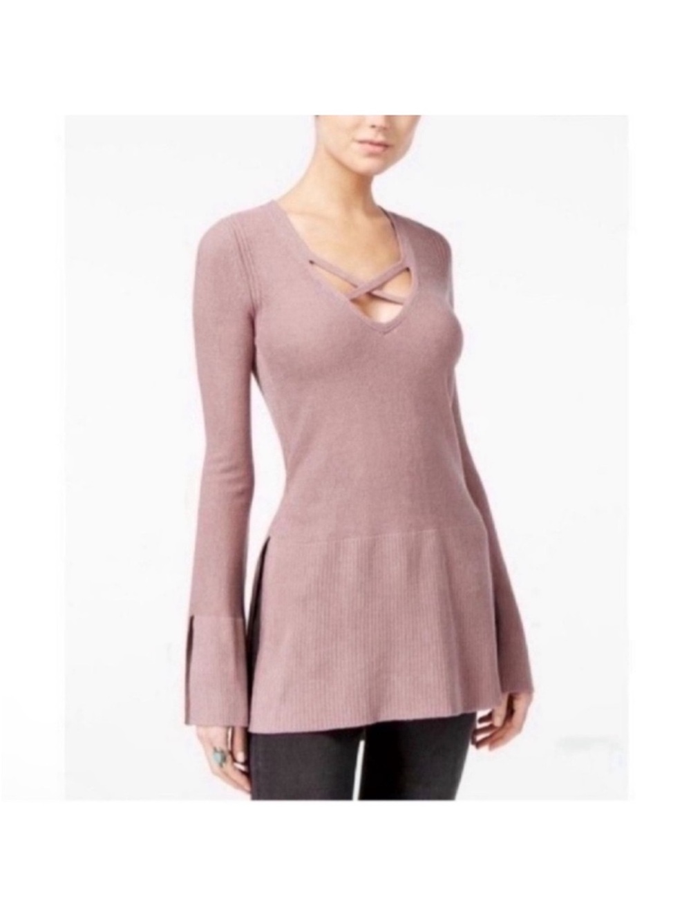 Free People Crisscross Tunic Sweater Sz M High Low V neck Long Sleeves Mauve